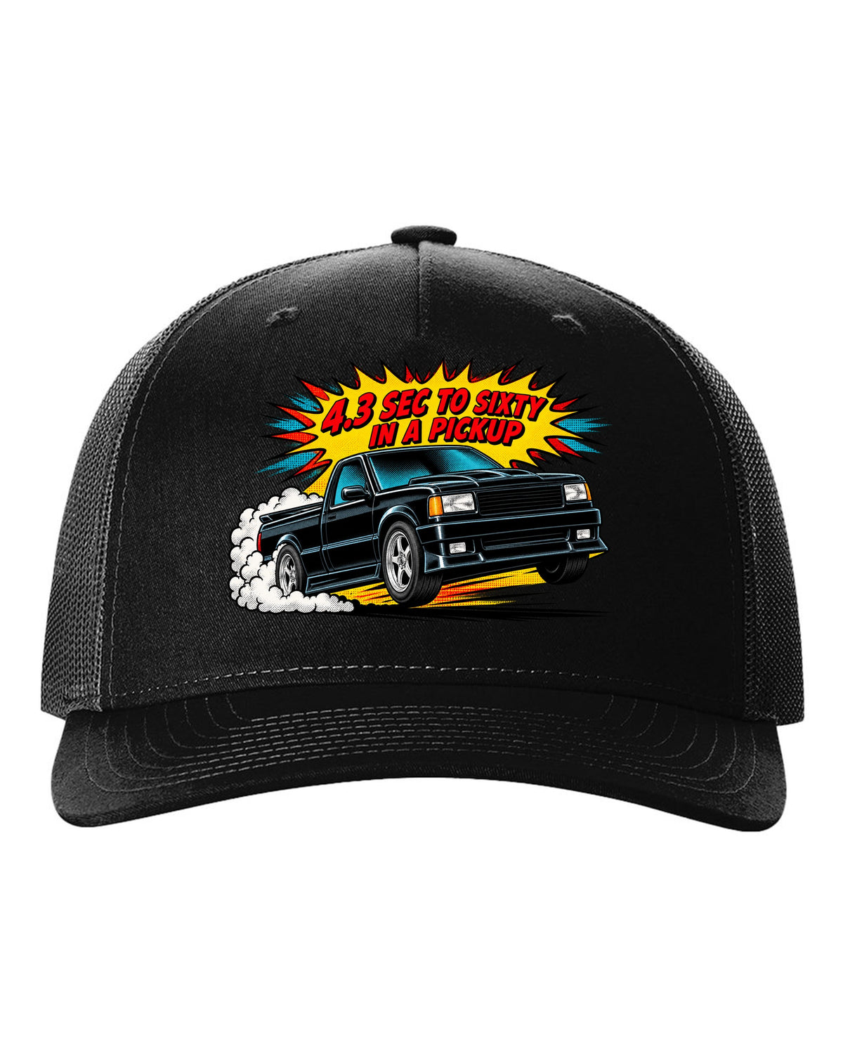 Comic halftone pop-art launch burst print of a 1991 GMC Syclone with 4.3 sec to sixty text black hat front view with the design