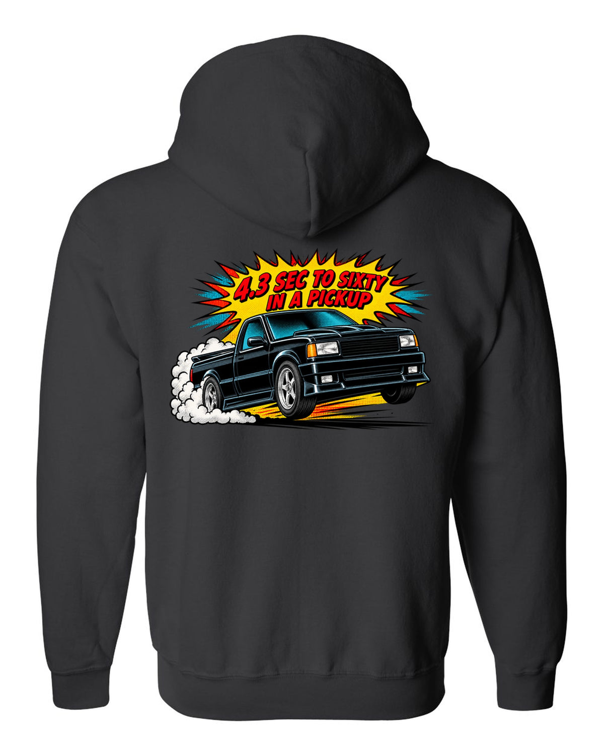 Comic halftone pop-art launch burst print of a 1991 GMC Syclone with 4.3 sec to sixty text black zip hoodie back view with the design