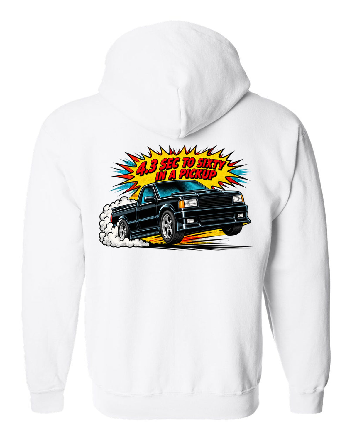 Comic halftone pop-art launch burst print of a 1991 GMC Syclone with 4.3 sec to sixty text white zip hoodie back view with the design