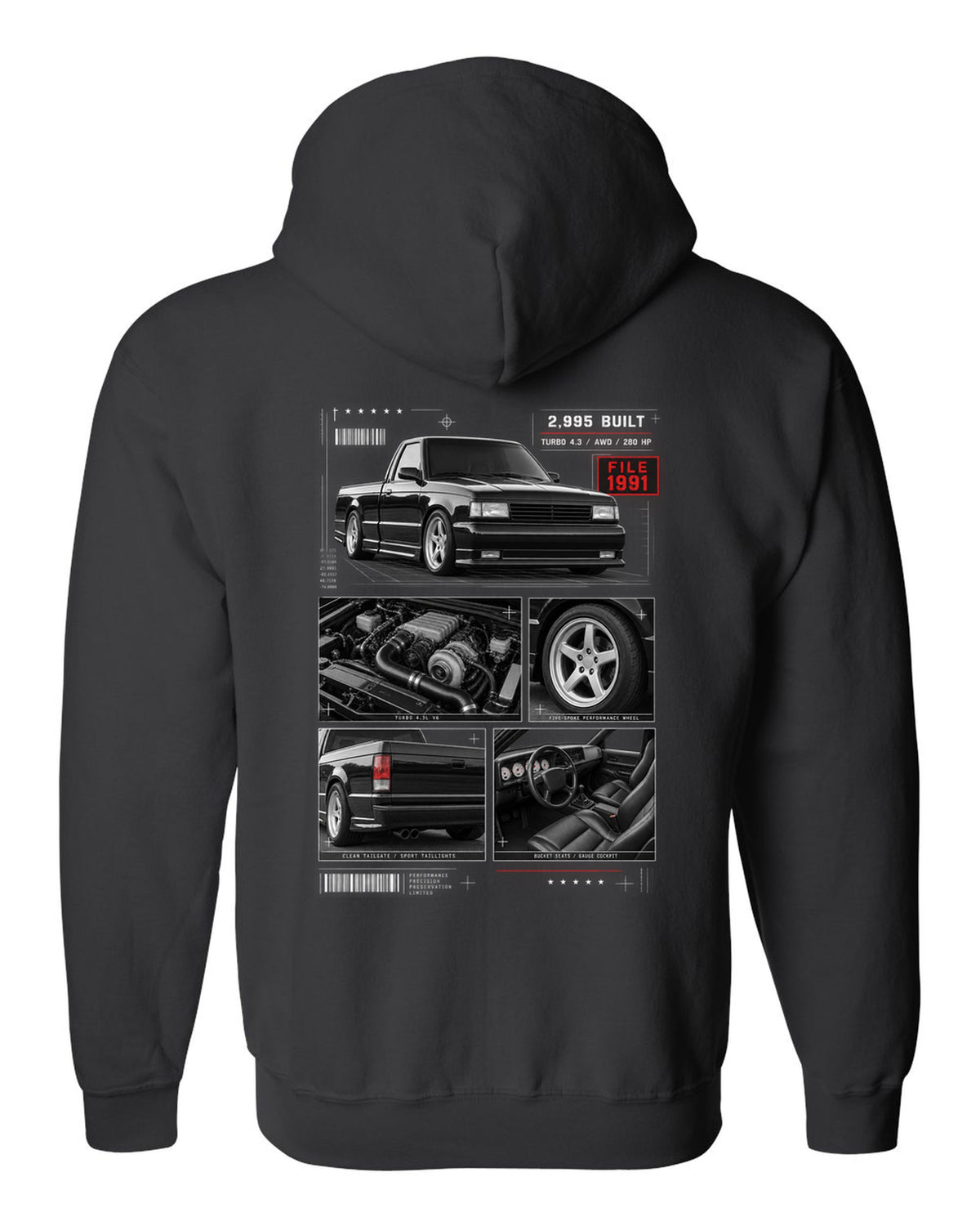 Dossier-style print of a 1991 GMC Syclone with detail panels black zip hoodie back view with the design