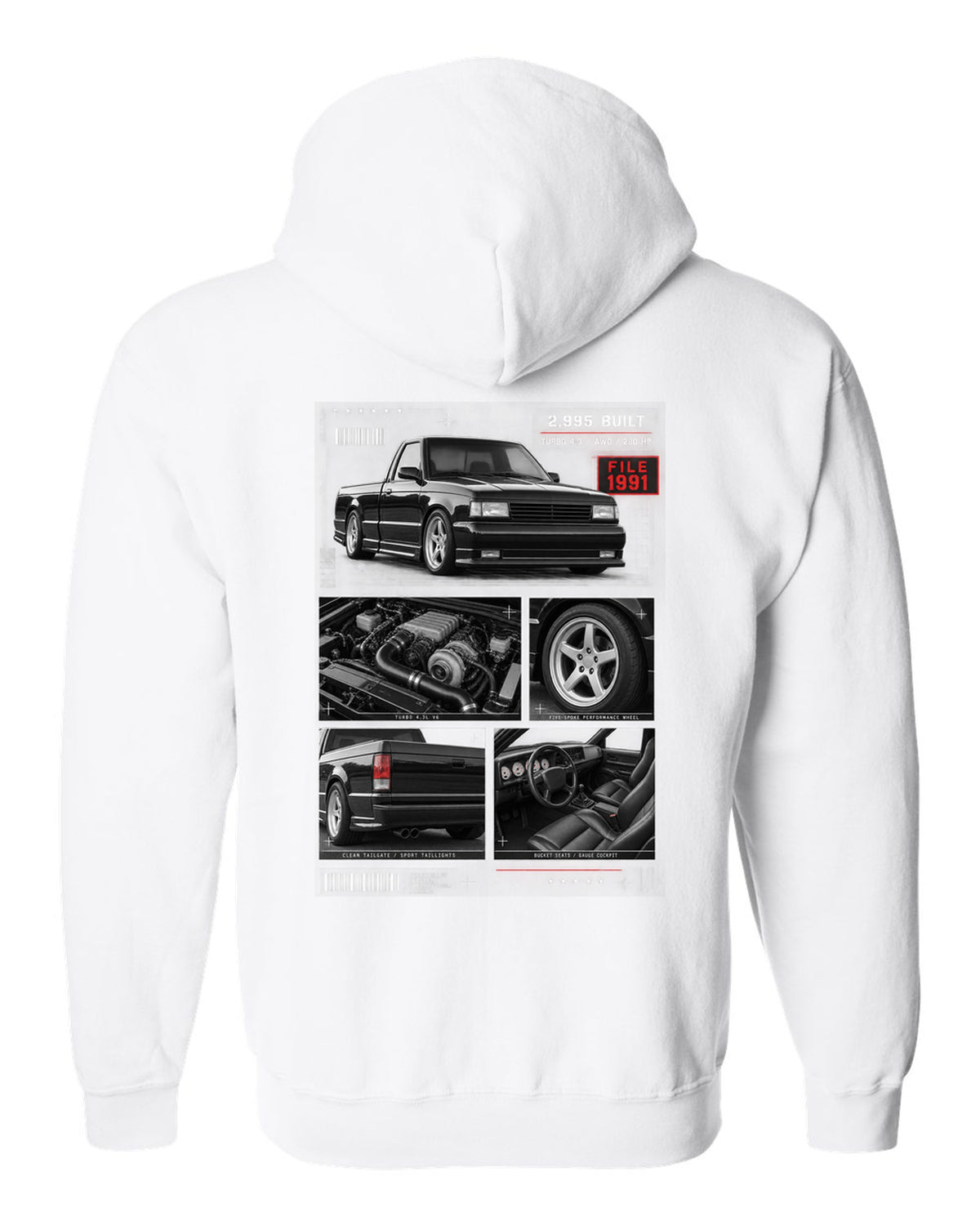 Dossier-style print of a 1991 GMC Syclone with detail panels white zip hoodie back view with the design