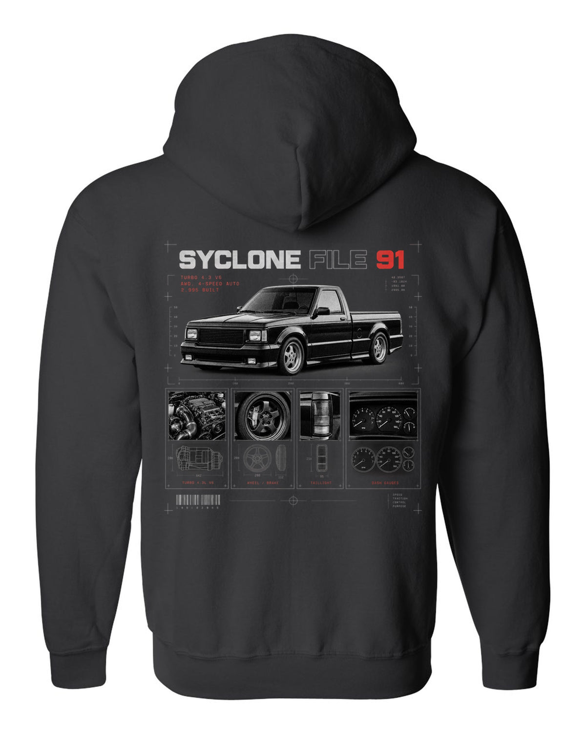 Dossier panel print of a 1991 GMC Syclone with turbo 4.3 V6 and 2,995 built text black zip hoodie back view with the design