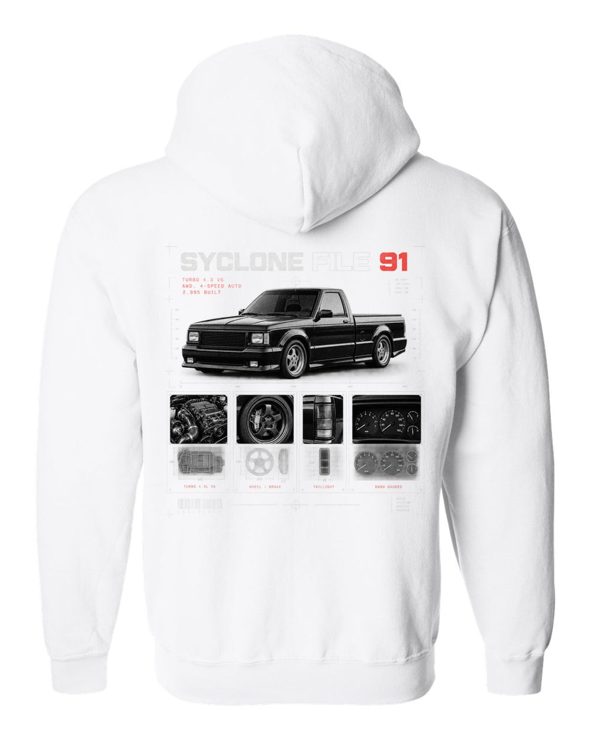 Dossier panel print of a 1991 GMC Syclone with turbo 4.3 V6 and 2,995 built text white zip hoodie back view with the design