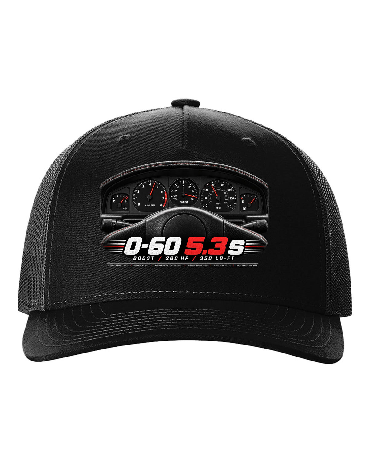 print of a 1991 GMC Syclone gauge cluster crop with boost and speed figures black hat front view with the design
