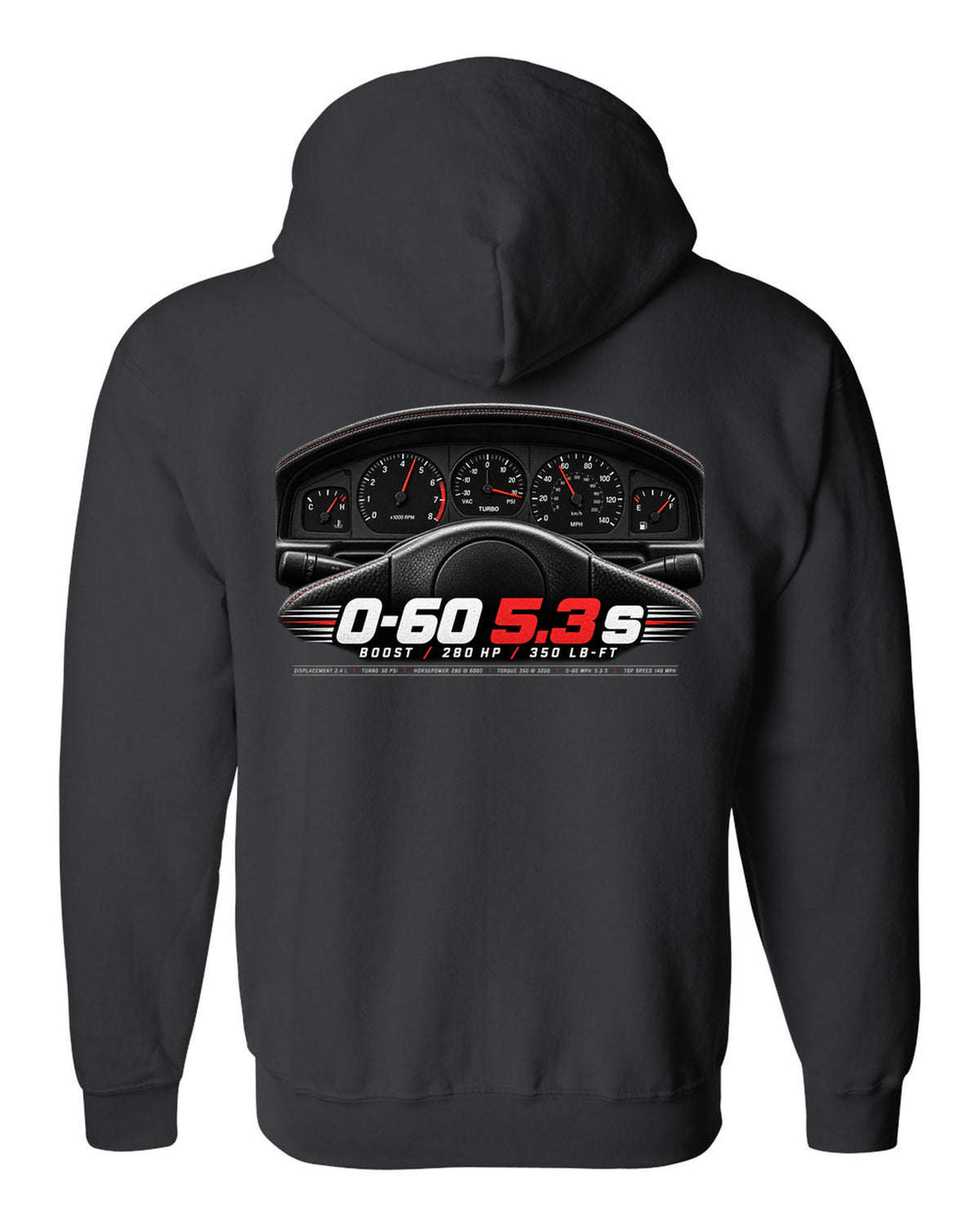 print of a 1991 GMC Syclone gauge cluster crop with boost and speed figures black zip hoodie back view with the design
