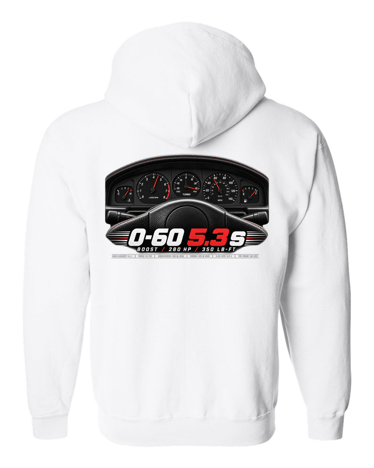 print of a 1991 GMC Syclone gauge cluster crop with boost and speed figures white zip hoodie back view with the design