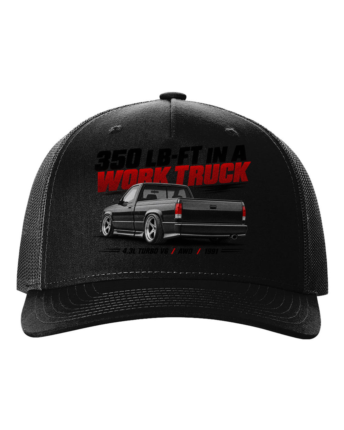 Halftone print of a 1991 GMC Syclone in a low rear three-quarter view black hat front view with the design