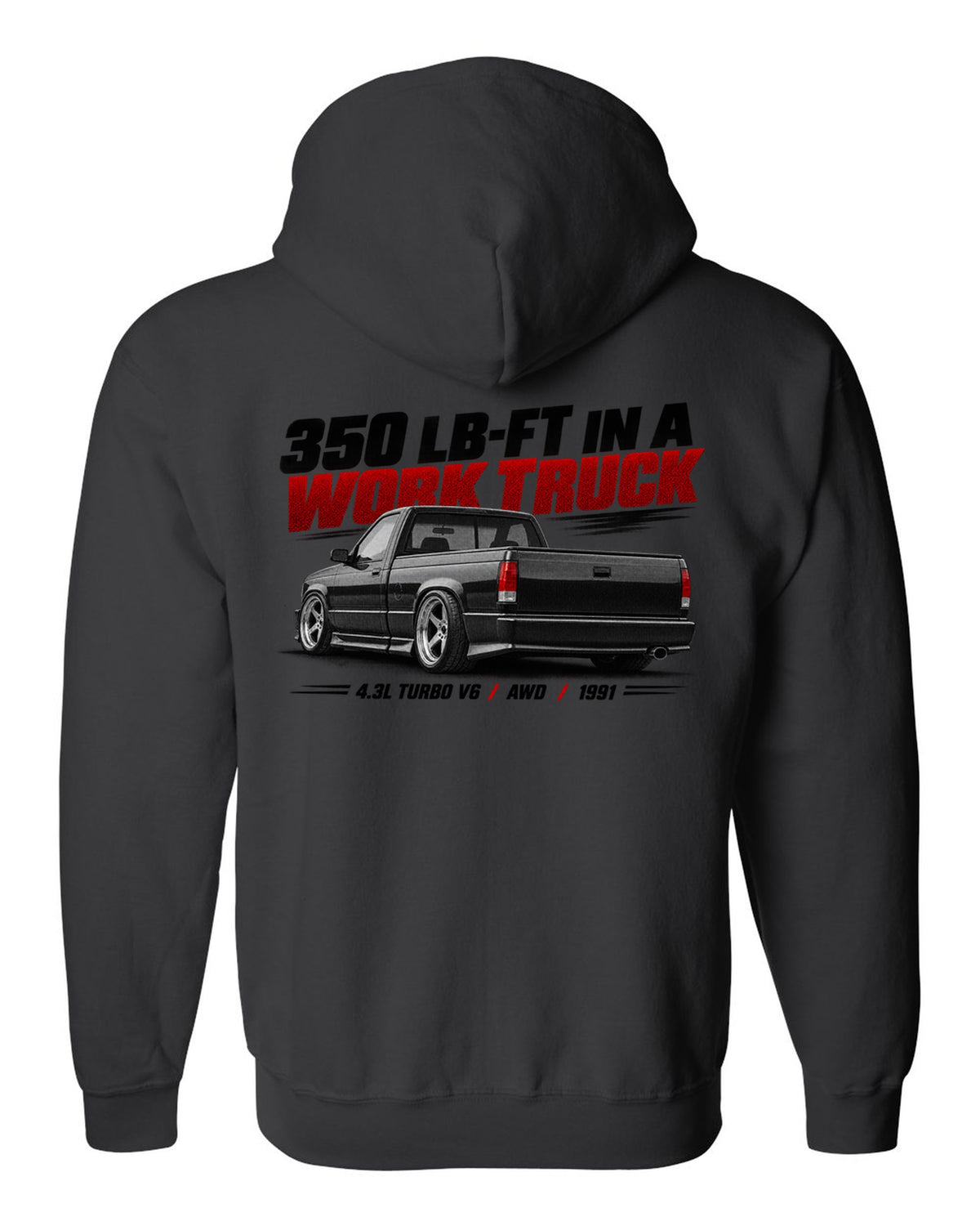Halftone print of a 1991 GMC Syclone in a low rear three-quarter view black zip hoodie back view with the design