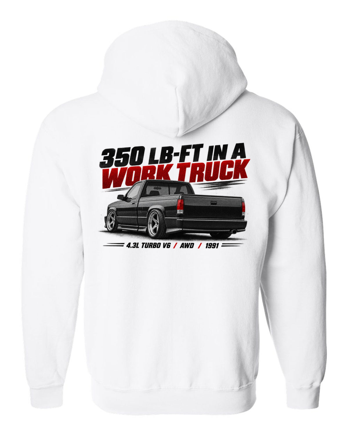 Halftone print of a 1991 GMC Syclone in a low rear three-quarter view white zip hoodie back view with the design