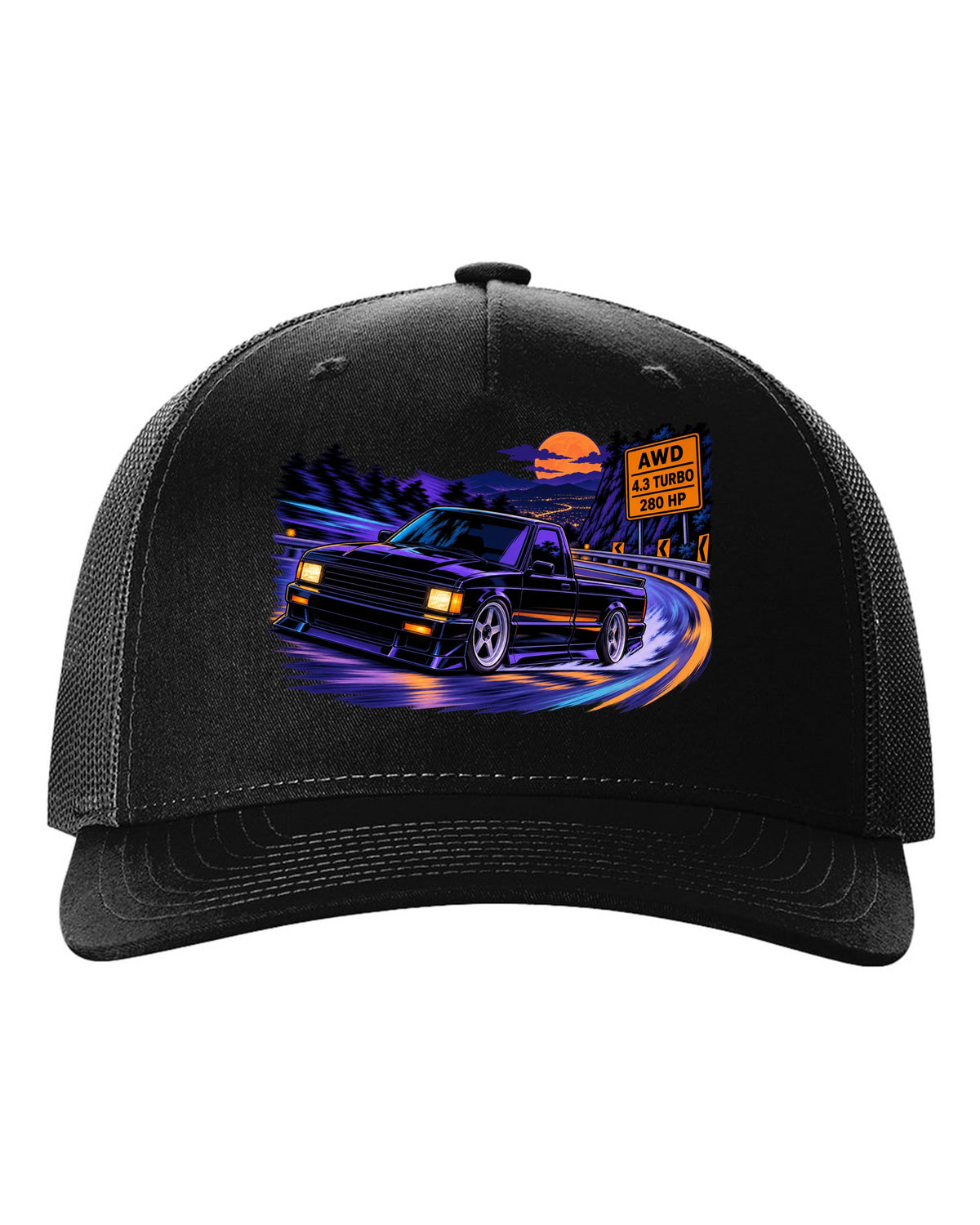 Cel-shaded anime night mountain road print of a 1991 GMC Syclone with AWD 4.3 turbo 280 HP lettering black hat front view with the design