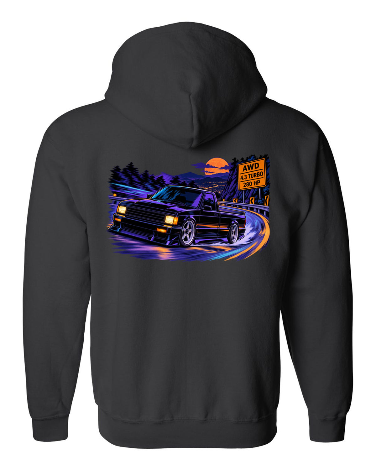 Cel-shaded anime night mountain road print of a 1991 GMC Syclone with AWD 4.3 turbo 280 HP lettering black zip hoodie back view with the design