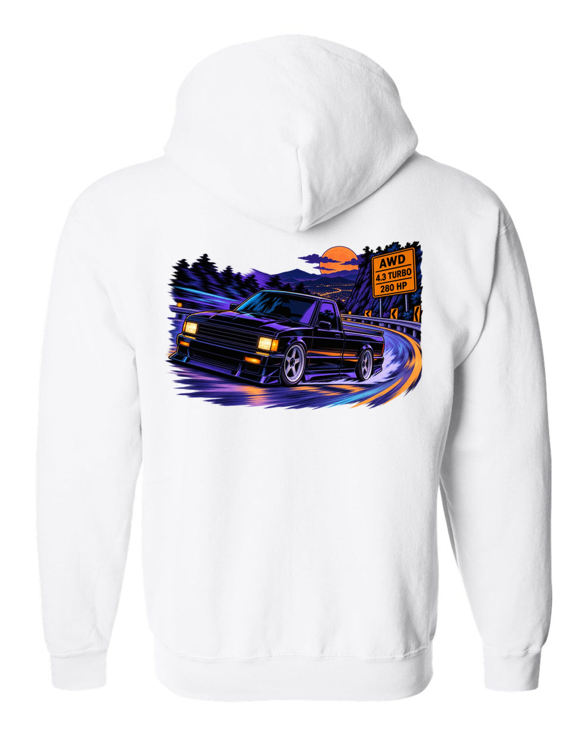 Cel-shaded anime night mountain road print of a 1991 GMC Syclone with AWD 4.3 turbo 280 HP lettering white zip hoodie back view with the design