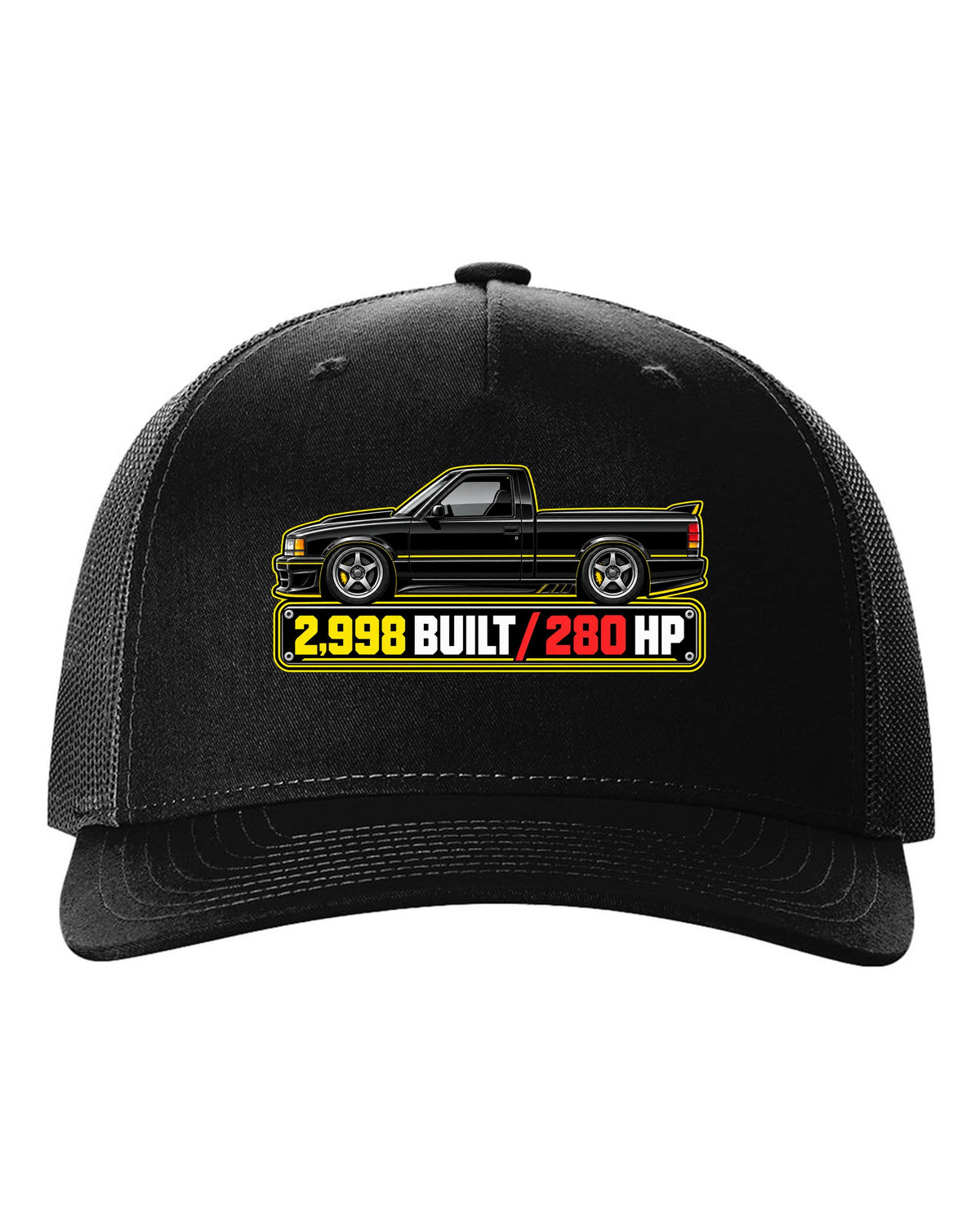 Spec-sheet data plate print of a 1991 GMC Syclone with 2,998 built and 280 HP lettering black hat front view with the design