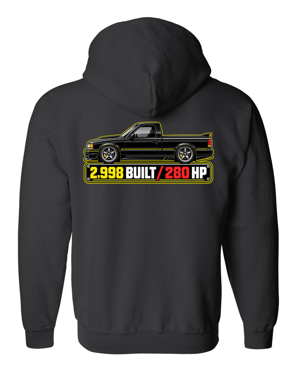 Spec-sheet data plate print of a 1991 GMC Syclone with 2,998 built and 280 HP lettering black zip hoodie back view with the design