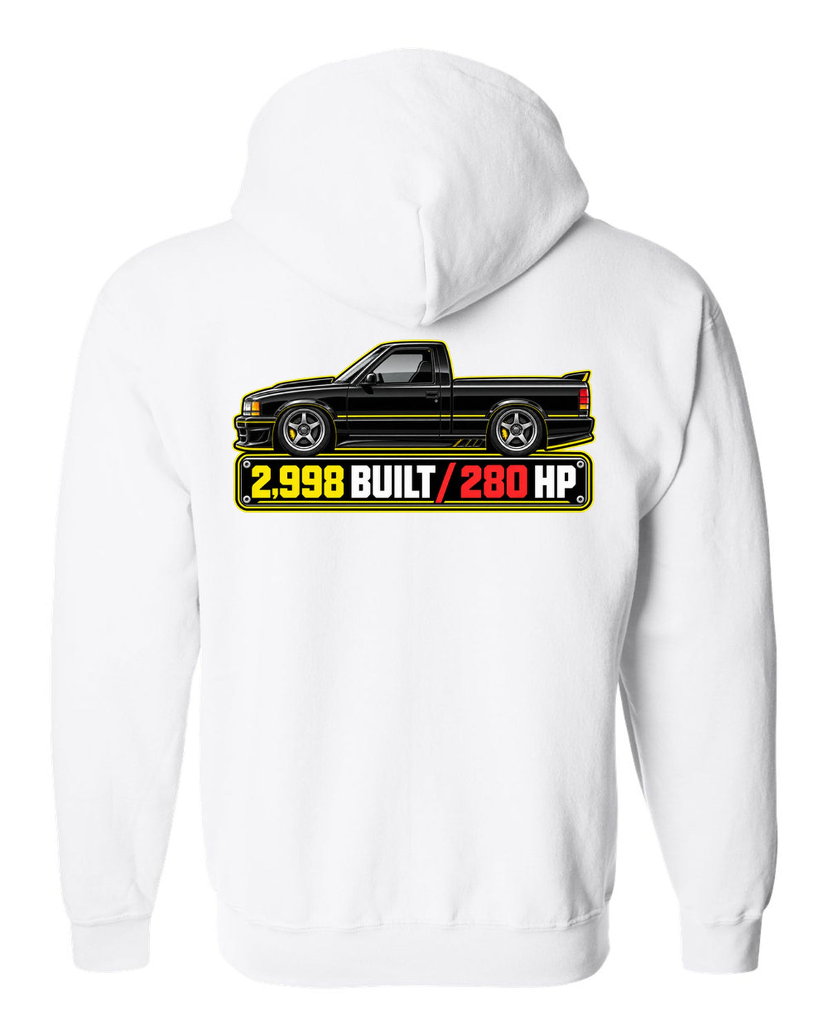 Spec-sheet data plate print of a 1991 GMC Syclone with 2,998 built and 280 HP lettering white zip hoodie back view with the design