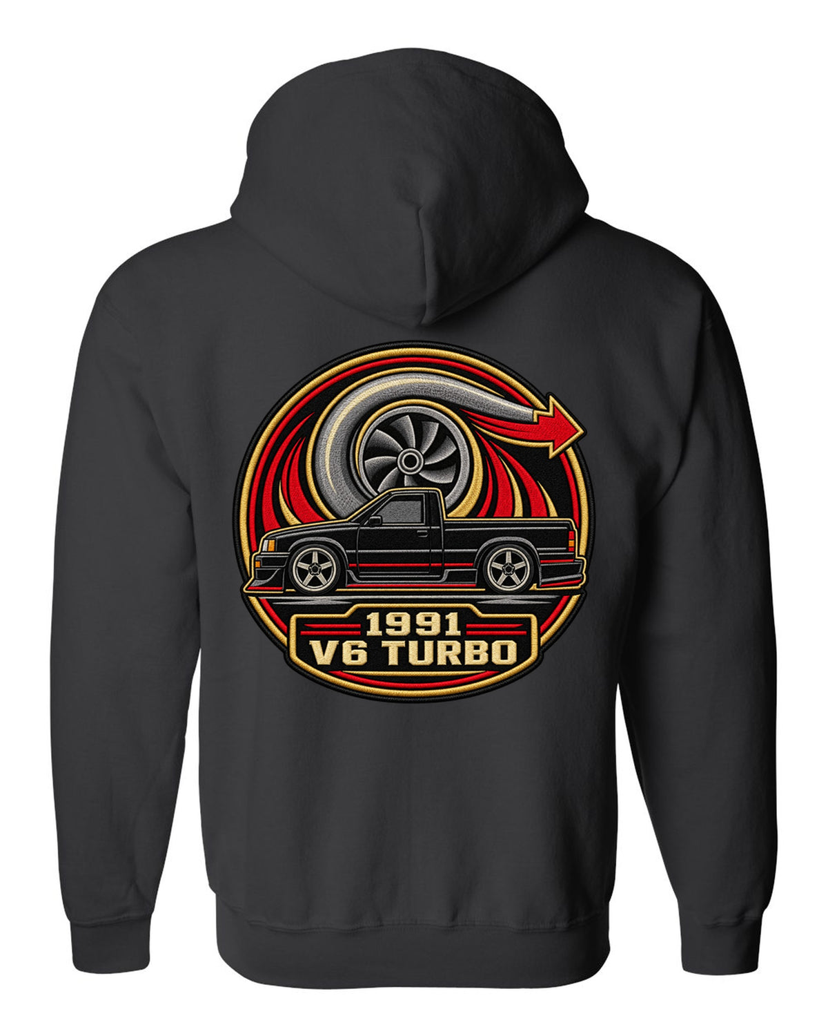 Varsity round embroidery-style design for a 1991 GMC Syclone reading 1991 / V6 TURBO black zip hoodie back view with the design