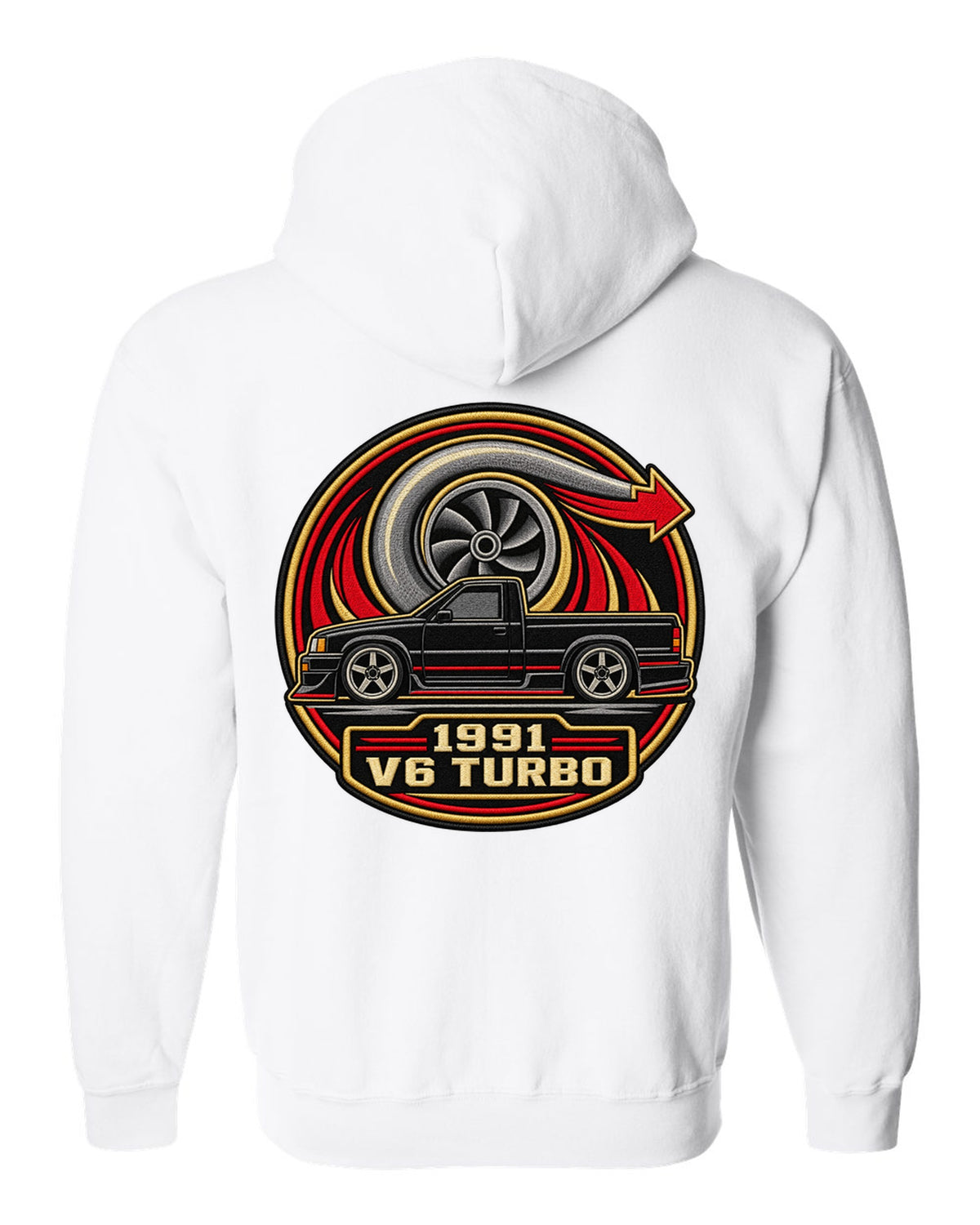 Varsity round embroidery-style design for a 1991 GMC Syclone reading 1991 / V6 TURBO white zip hoodie back view with the design