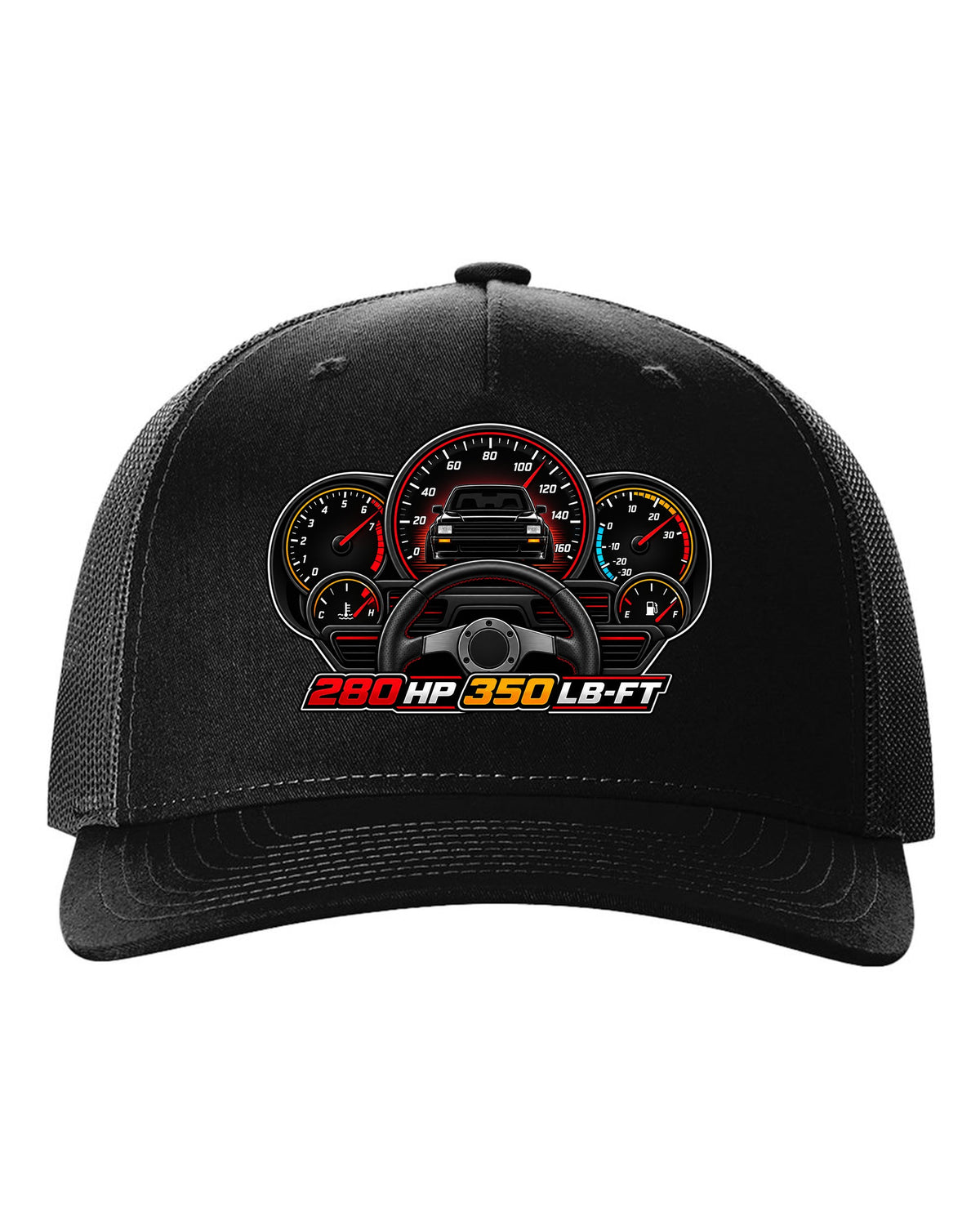 Gauge cluster HUD design for a 1991 GMC Syclone showing 280 HP and 350 LB-FT black hat front view with the design