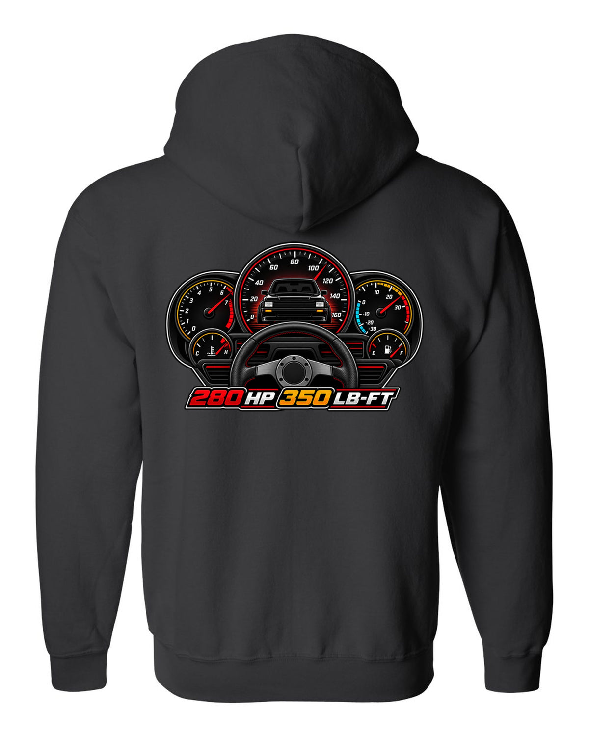 Gauge cluster HUD design for a 1991 GMC Syclone showing 280 HP and 350 LB-FT black zip hoodie back view with the design