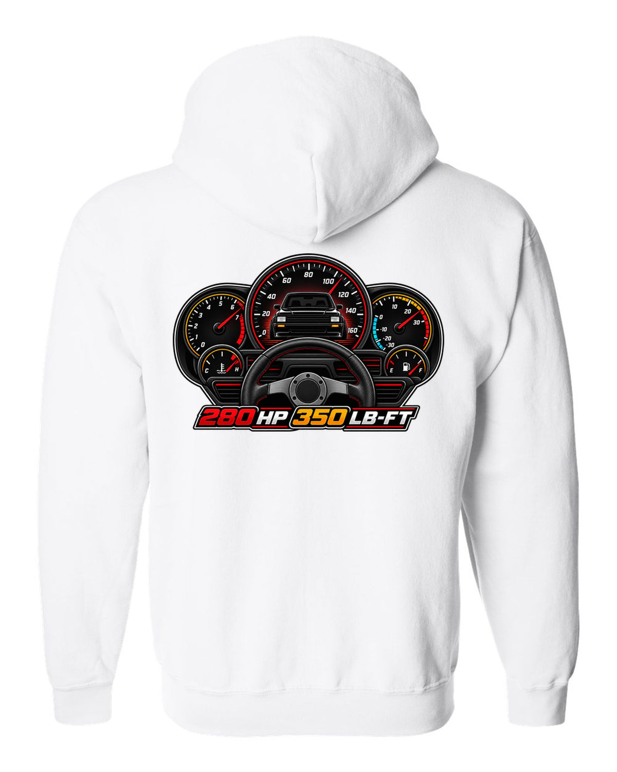 Gauge cluster HUD design for a 1991 GMC Syclone showing 280 HP and 350 LB-FT white zip hoodie back view with the design