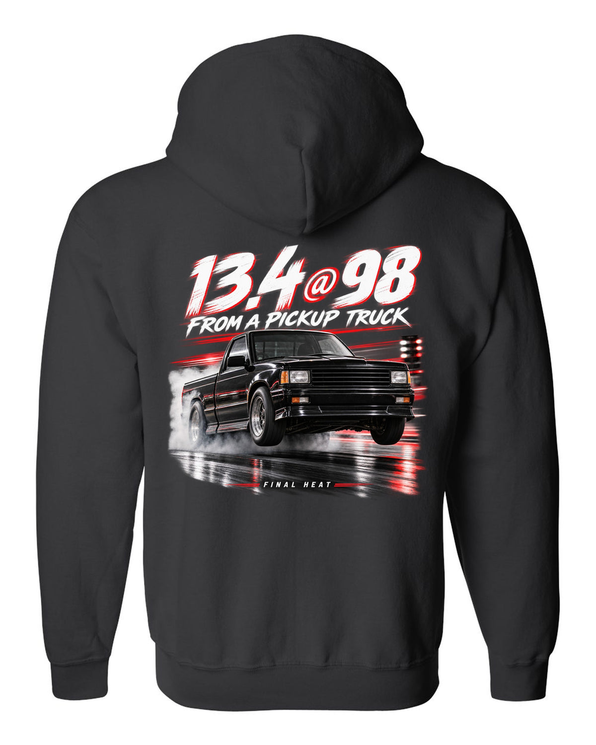 1991 GMC Syclone quarter mile race poster print black zip hoodie back view with the design