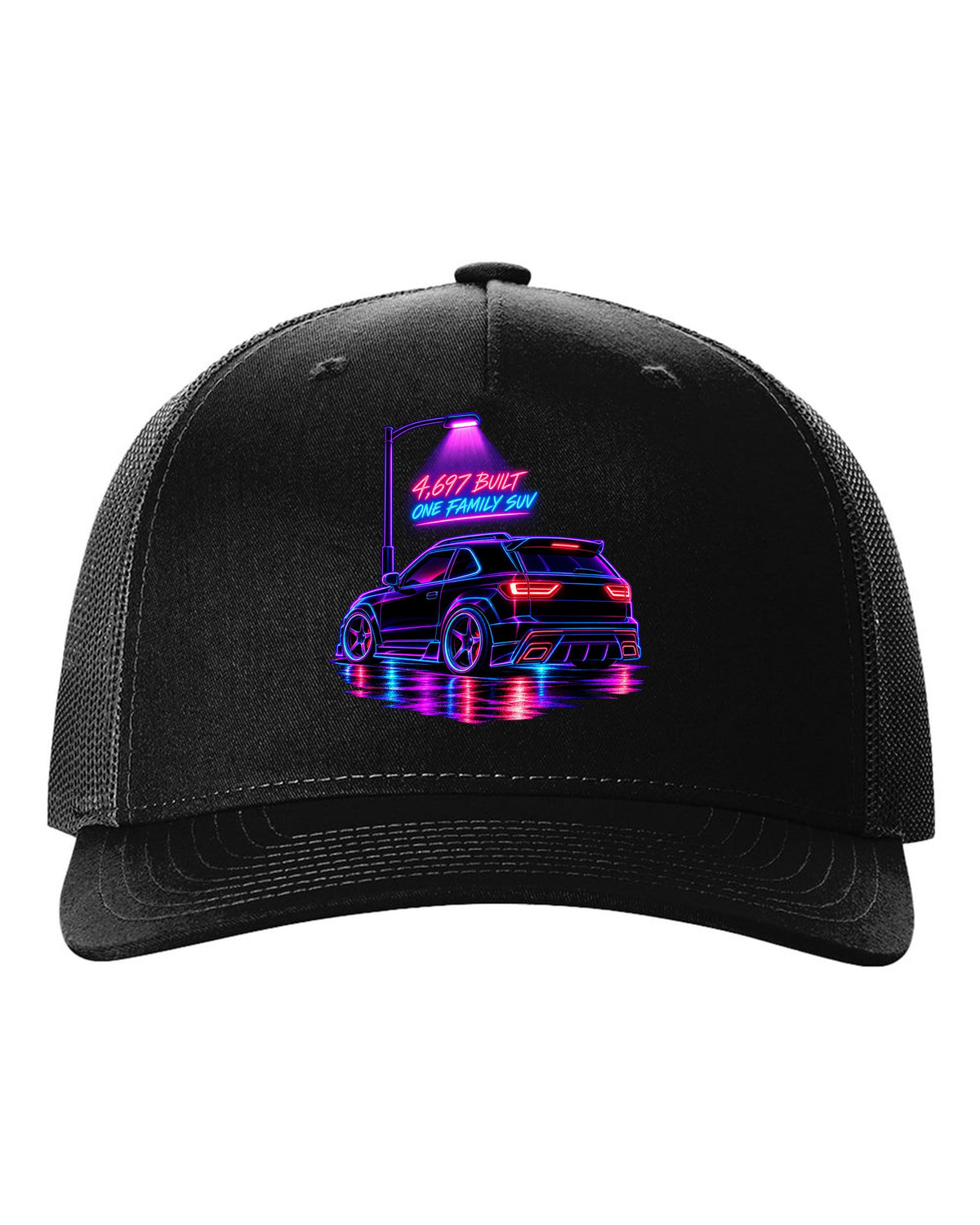 Neon synthwave line art print of a 1992-93 GMC Typhoon taillight with 4,697 built lettering black hat front view with the design