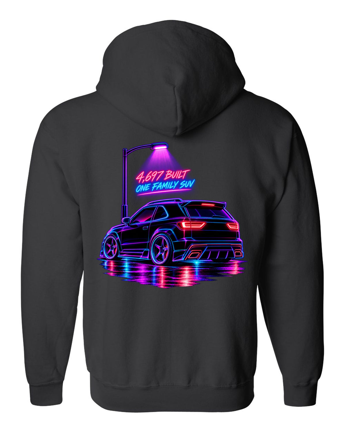 Neon synthwave line art print of a 1992-93 GMC Typhoon taillight with 4,697 built lettering black zip hoodie back view with the design