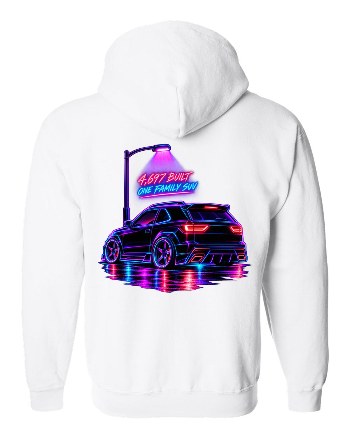 Neon synthwave line art print of a 1992-93 GMC Typhoon taillight with 4,697 built lettering white zip hoodie back view with the design