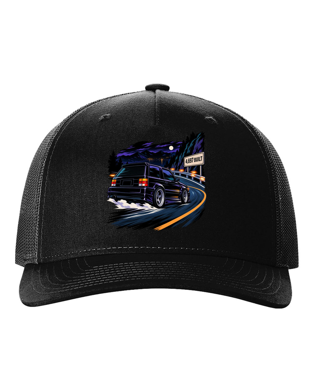 Cel-shaded 90s anime night touge scene with a 1992-93 GMC Typhoon and 4,697 BUILT text black hat front view with the design