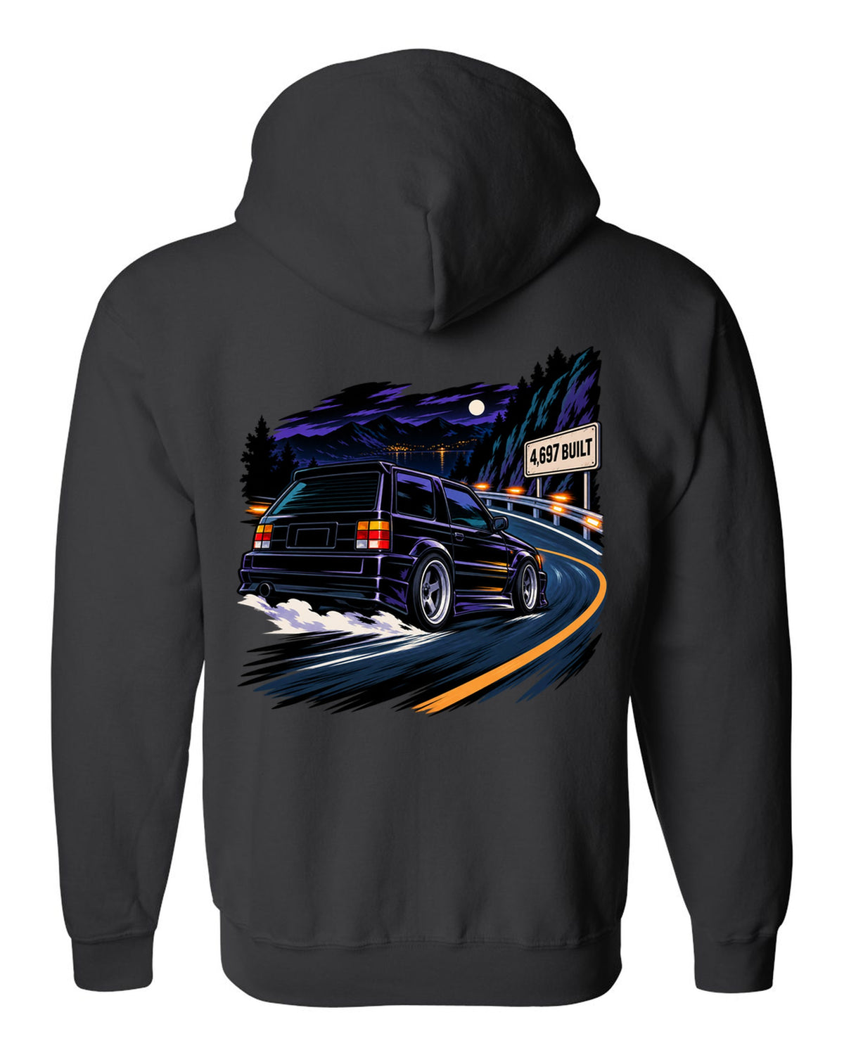 Cel-shaded 90s anime night touge scene with a 1992-93 GMC Typhoon and 4,697 BUILT text black zip hoodie back view with the design