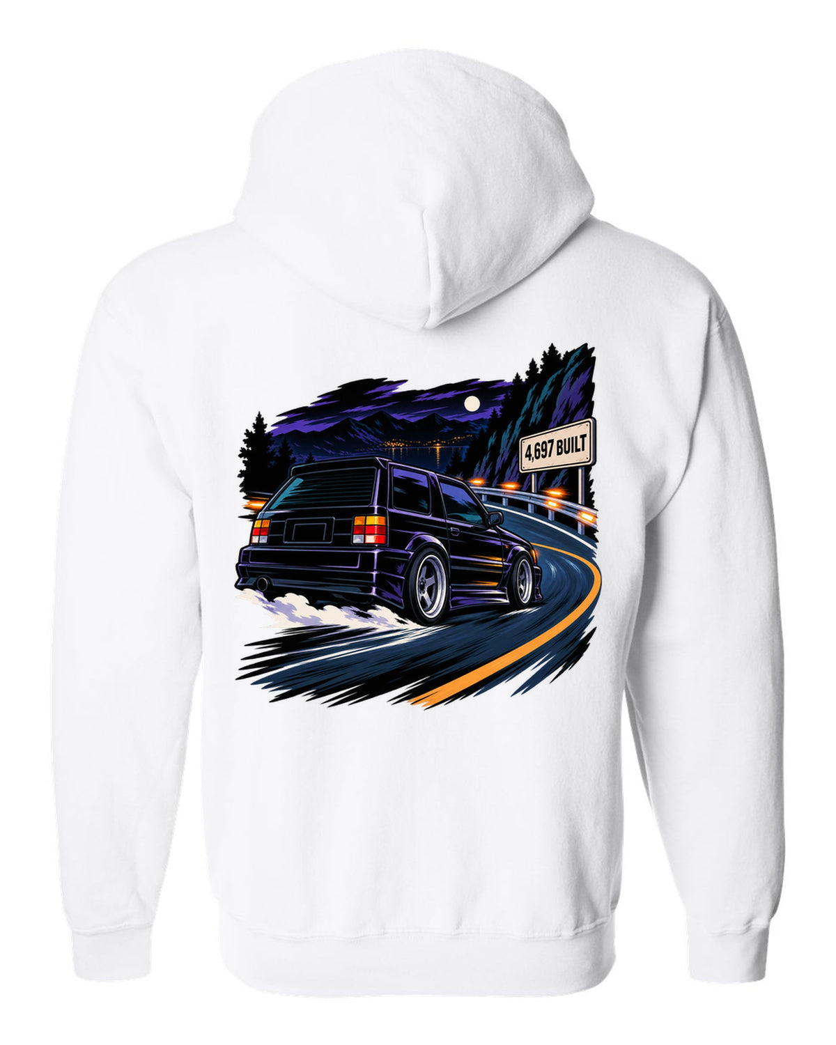Cel-shaded 90s anime night touge scene with a 1992-93 GMC Typhoon and 4,697 BUILT text white zip hoodie back view with the design