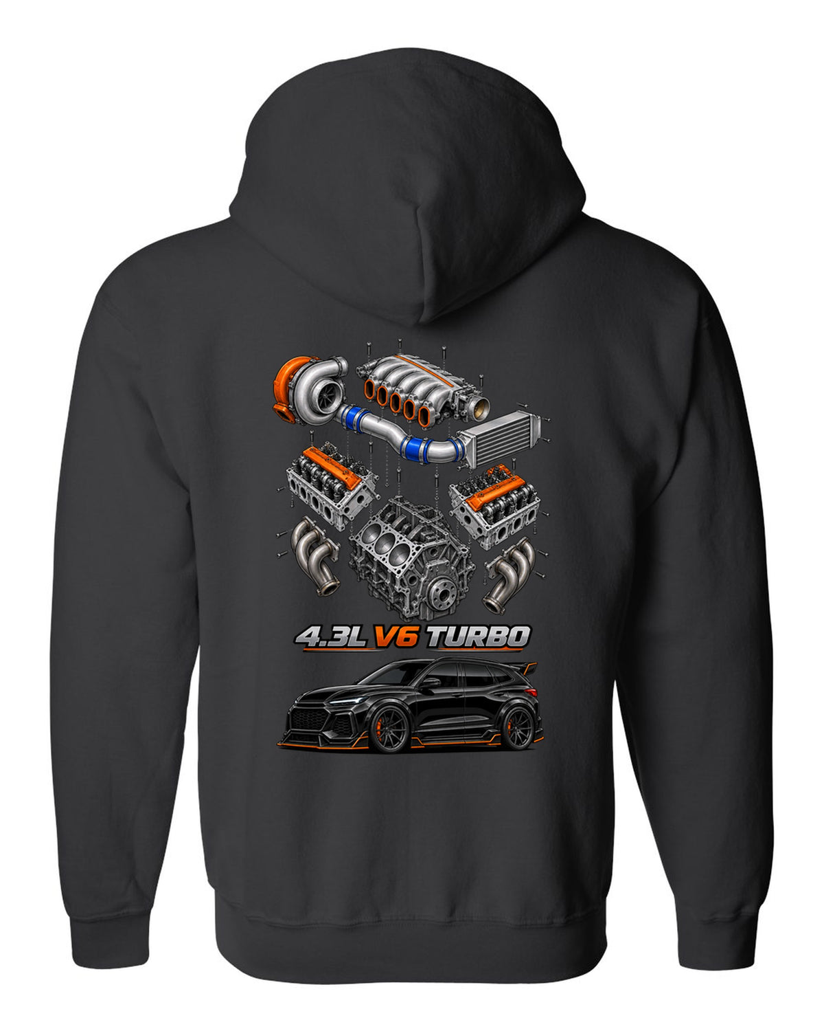 Exploded cutaway drawing of the 4.3L turbo V6 engine in a 1992-93 GMC Typhoon, printed on a shirt back black zip hoodie back view with the design