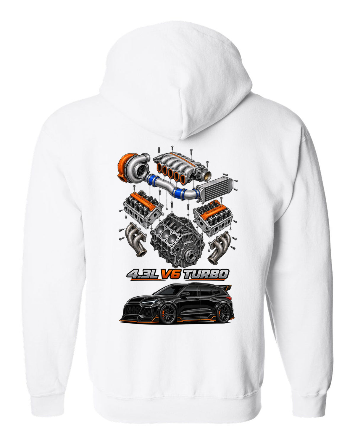 Exploded cutaway drawing of the 4.3L turbo V6 engine in a 1992-93 GMC Typhoon, printed on a shirt back white zip hoodie back view with the design