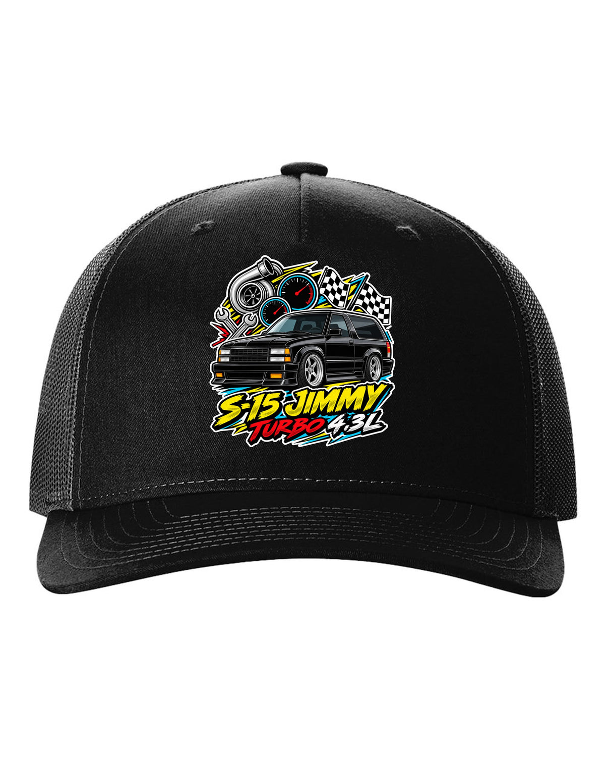Sticker-bomb collage print of a 1992-93 GMC Typhoon with S-15 Jimmy Turbo 4.3L lettering black hat front view with the design