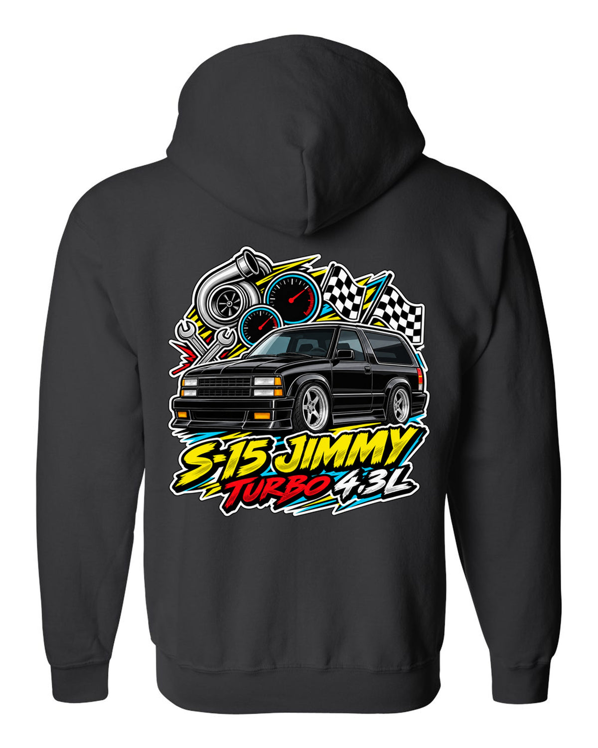 Sticker-bomb collage print of a 1992-93 GMC Typhoon with S-15 Jimmy Turbo 4.3L lettering black zip hoodie back view with the design