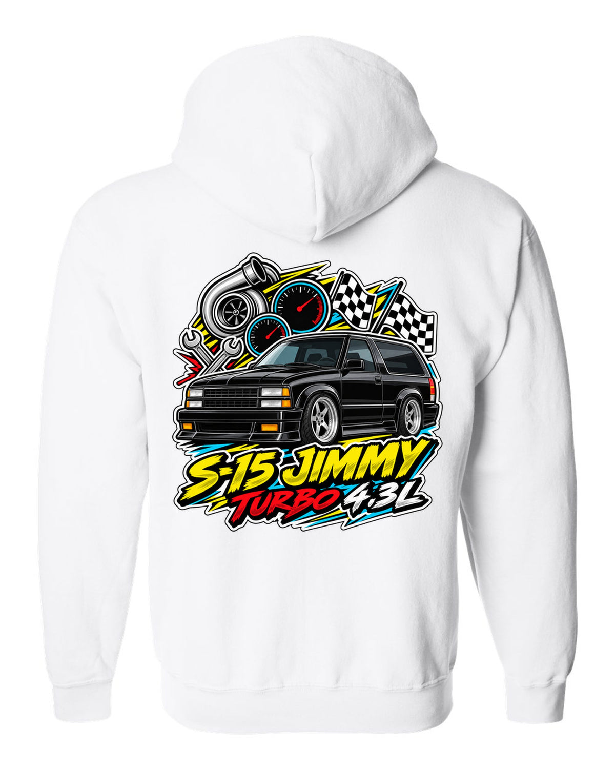 Sticker-bomb collage print of a 1992-93 GMC Typhoon with S-15 Jimmy Turbo 4.3L lettering white zip hoodie back view with the design
