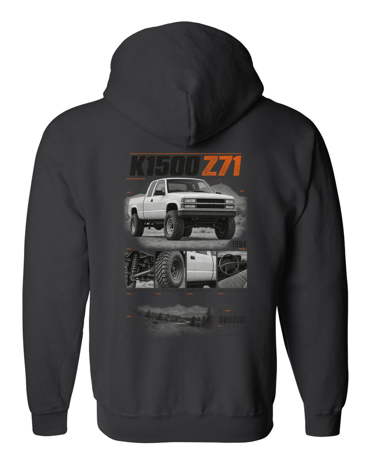 GMT400 K1500 Z71 OBS dossier panel print black zip hoodie back view with the design
