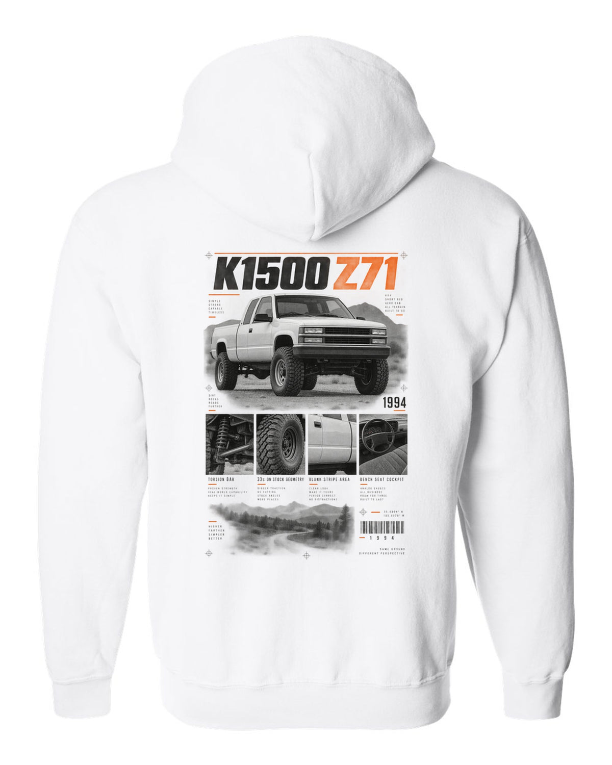 GMT400 K1500 Z71 OBS dossier panel print white zip hoodie back view with the design
