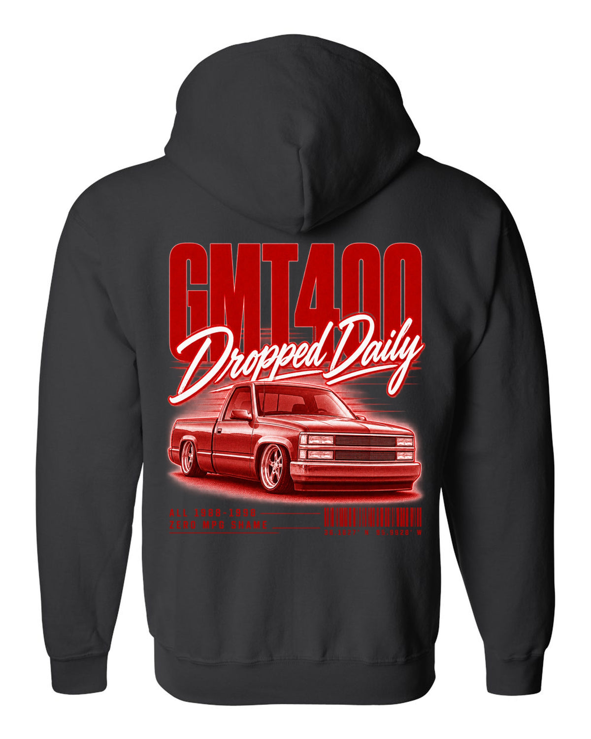 GMT400 OBS regular cab street poster print black zip hoodie back view with the design
