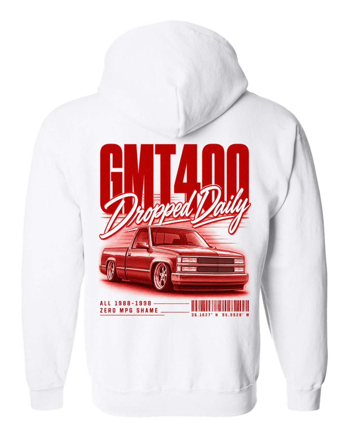 GMT400 OBS regular cab street poster print white zip hoodie back view with the design