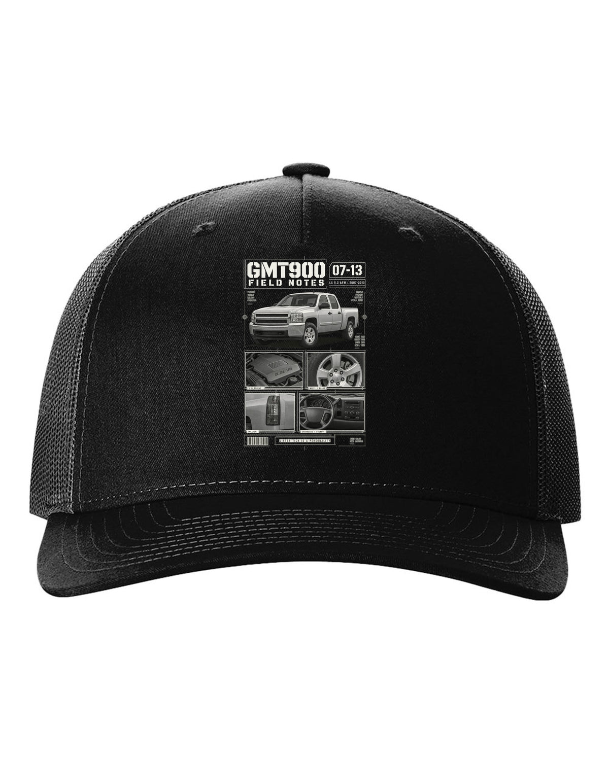GMT900 Chevy Silverado crew cab field notes dossier print black hat front view with the design