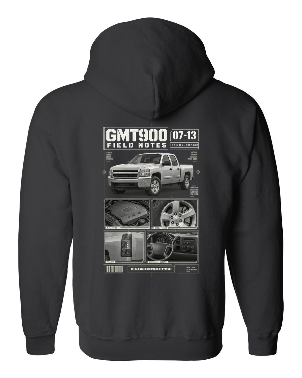 GMT900 Chevy Silverado crew cab field notes dossier print black zip hoodie back view with the design