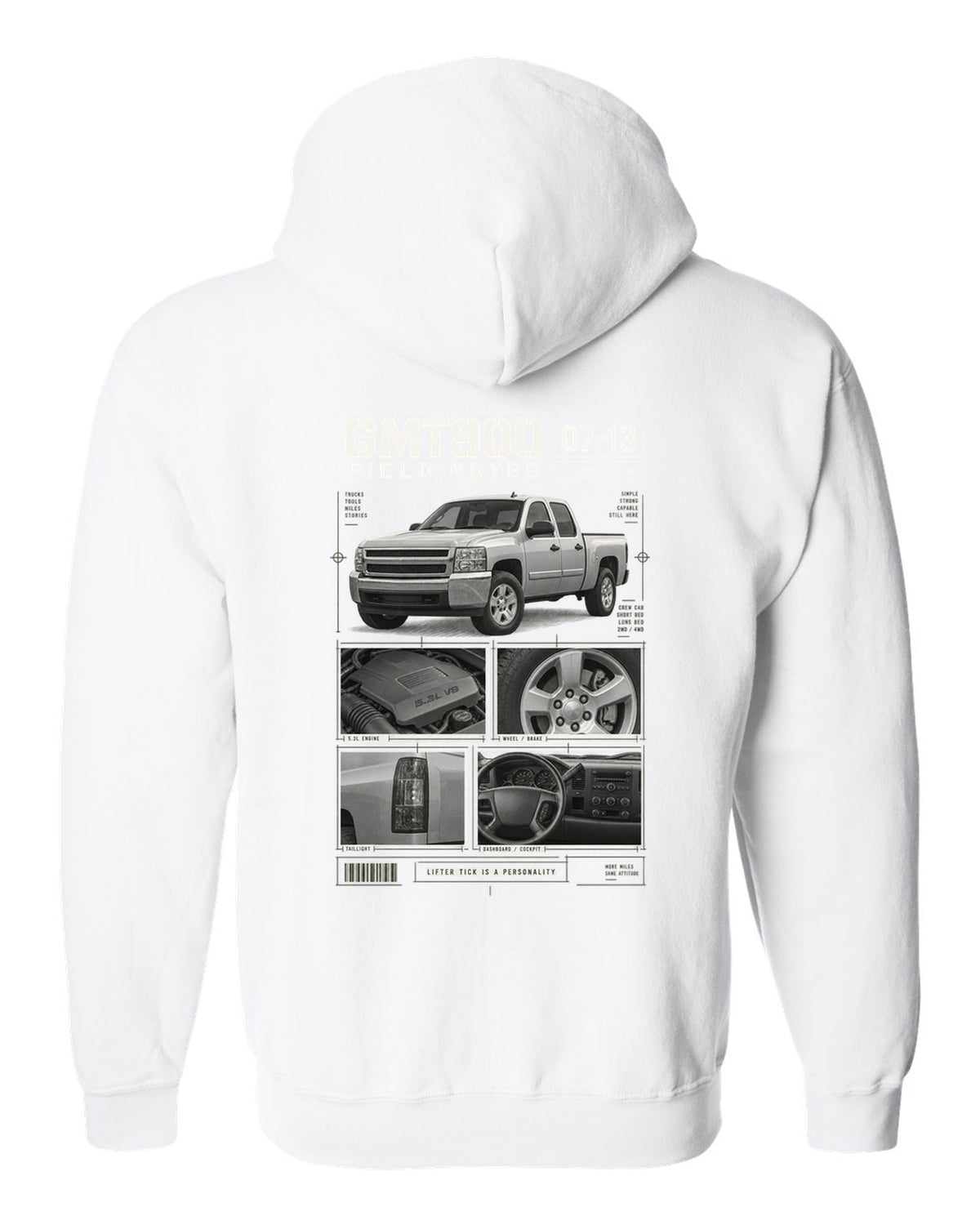 GMT900 Chevy Silverado crew cab field notes dossier print white zip hoodie back view with the design