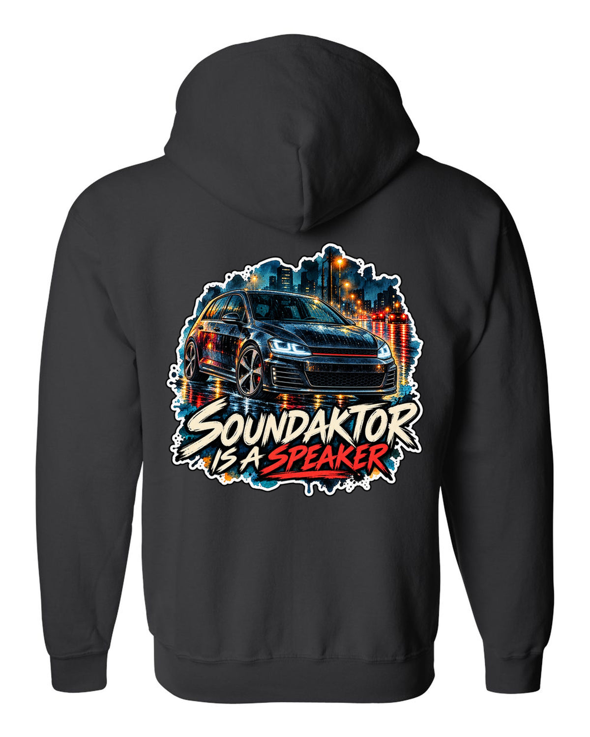 Watercolour wet-road night scene of a VW Golf Mk7 GTI with Soundaktor is a speaker text black zip hoodie back view with the design