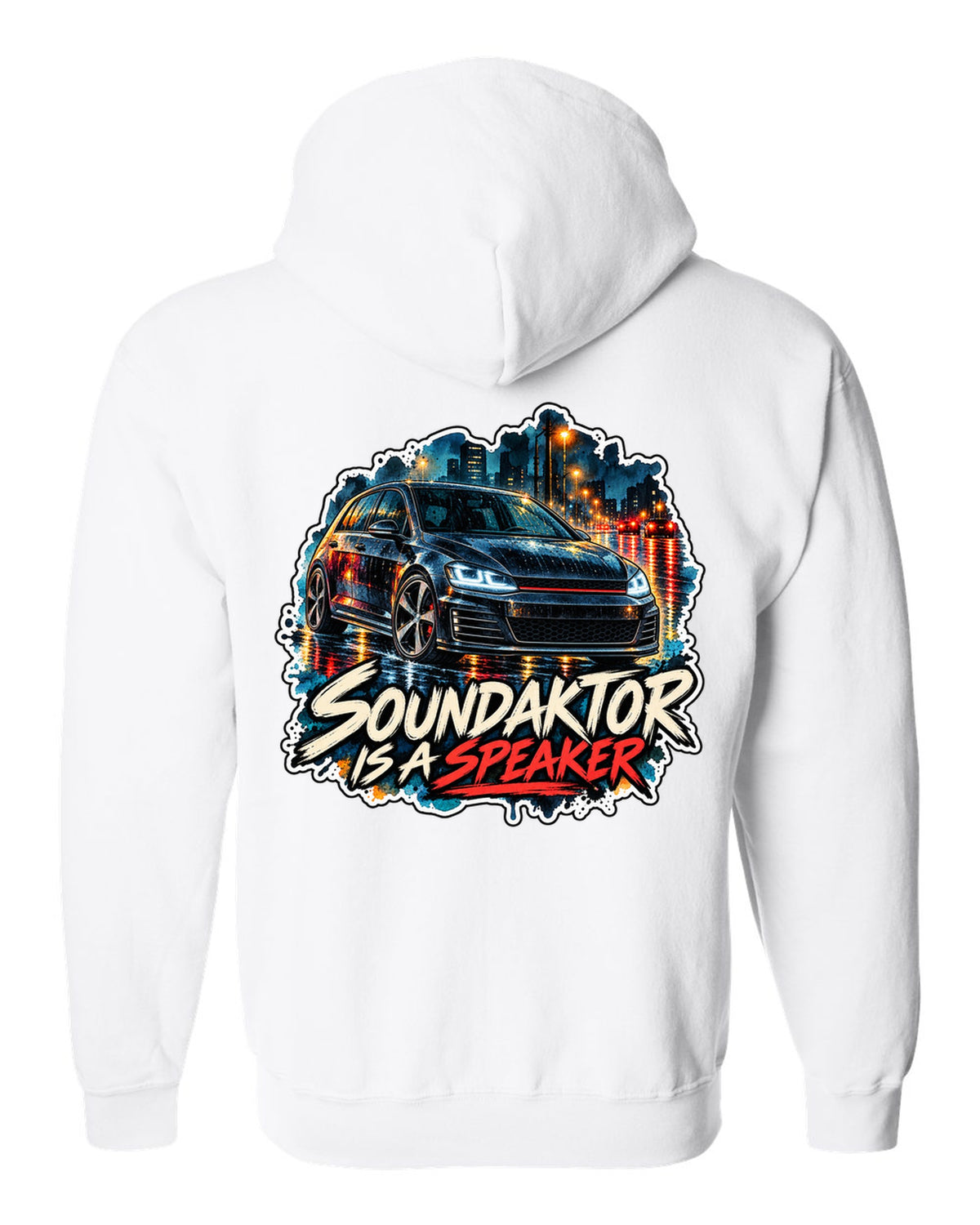 Watercolour wet-road night scene of a VW Golf Mk7 GTI with Soundaktor is a speaker text white zip hoodie back view with the design