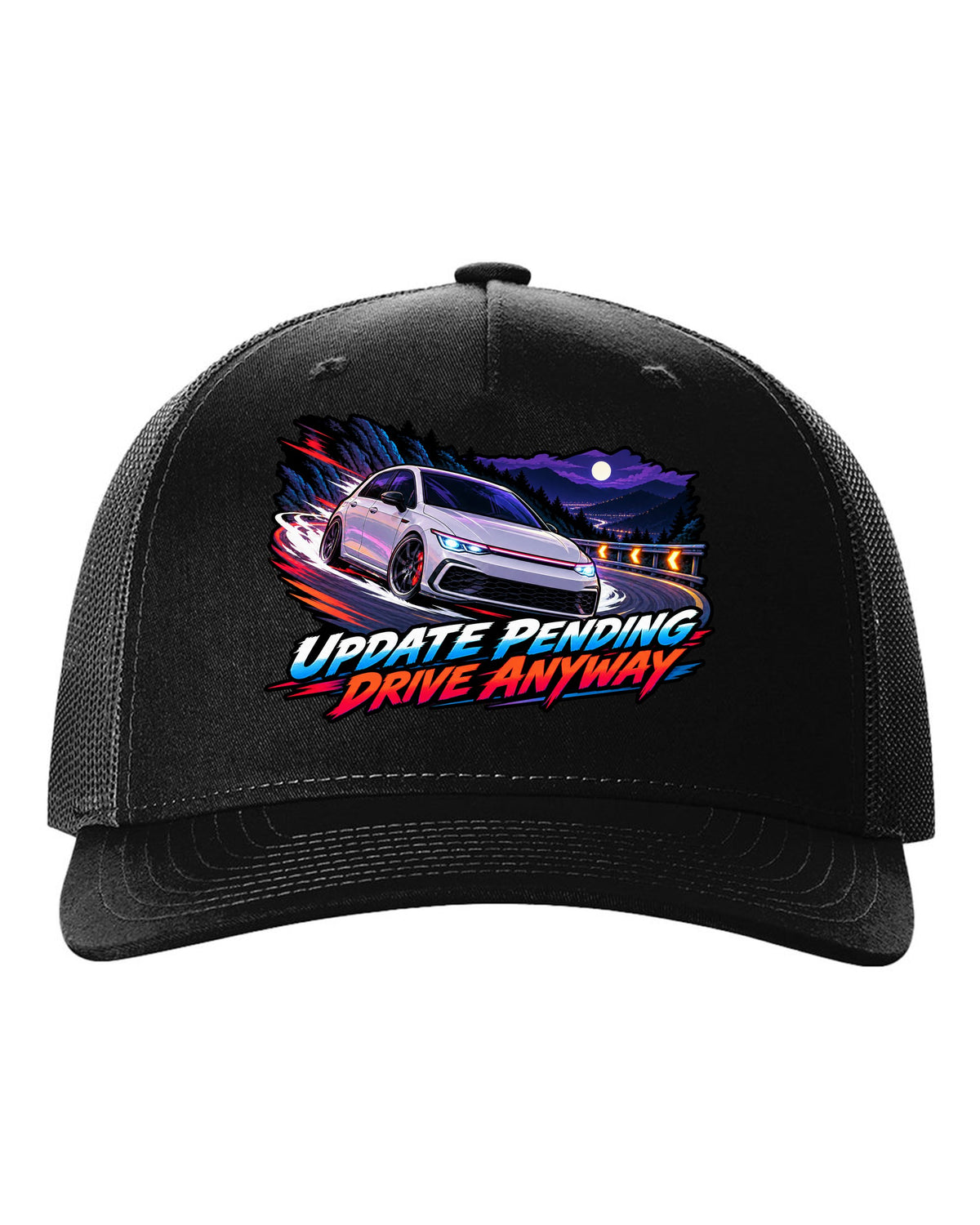 Cel-shaded anime night touge scene of a VW Golf Mk8 GTI with update pending drive anyway text black hat front view with the design