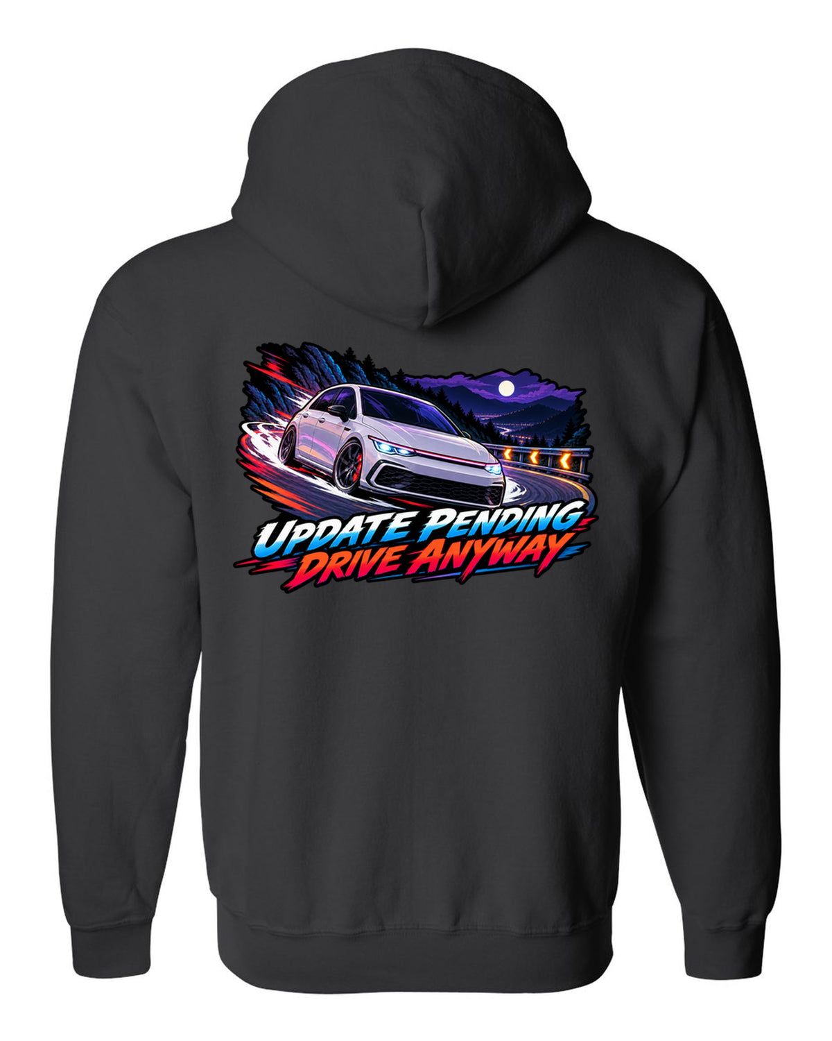Cel-shaded anime night touge scene of a VW Golf Mk8 GTI with update pending drive anyway text black zip hoodie back view with the design