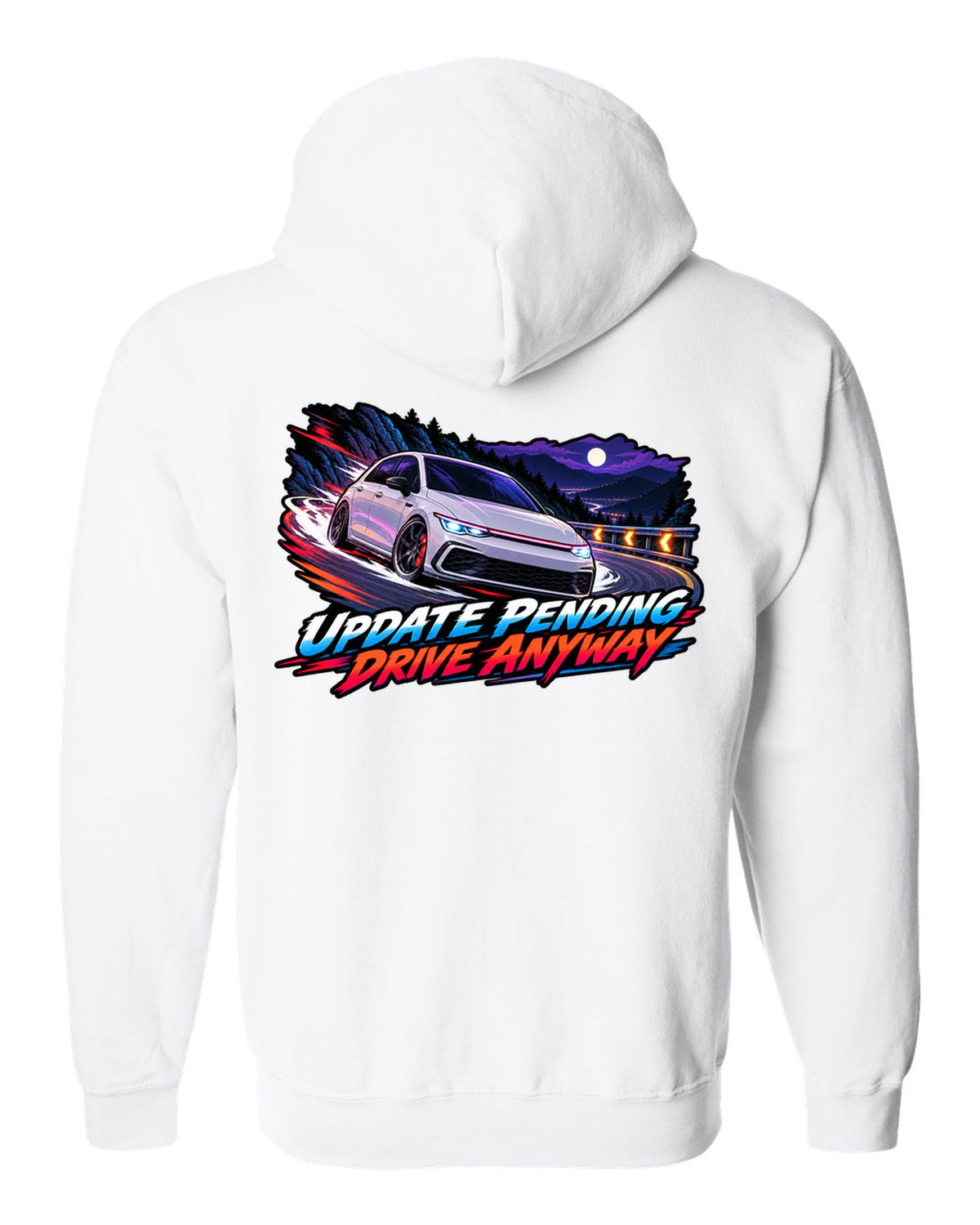 Cel-shaded anime night touge scene of a VW Golf Mk8 GTI with update pending drive anyway text white zip hoodie back view with the design