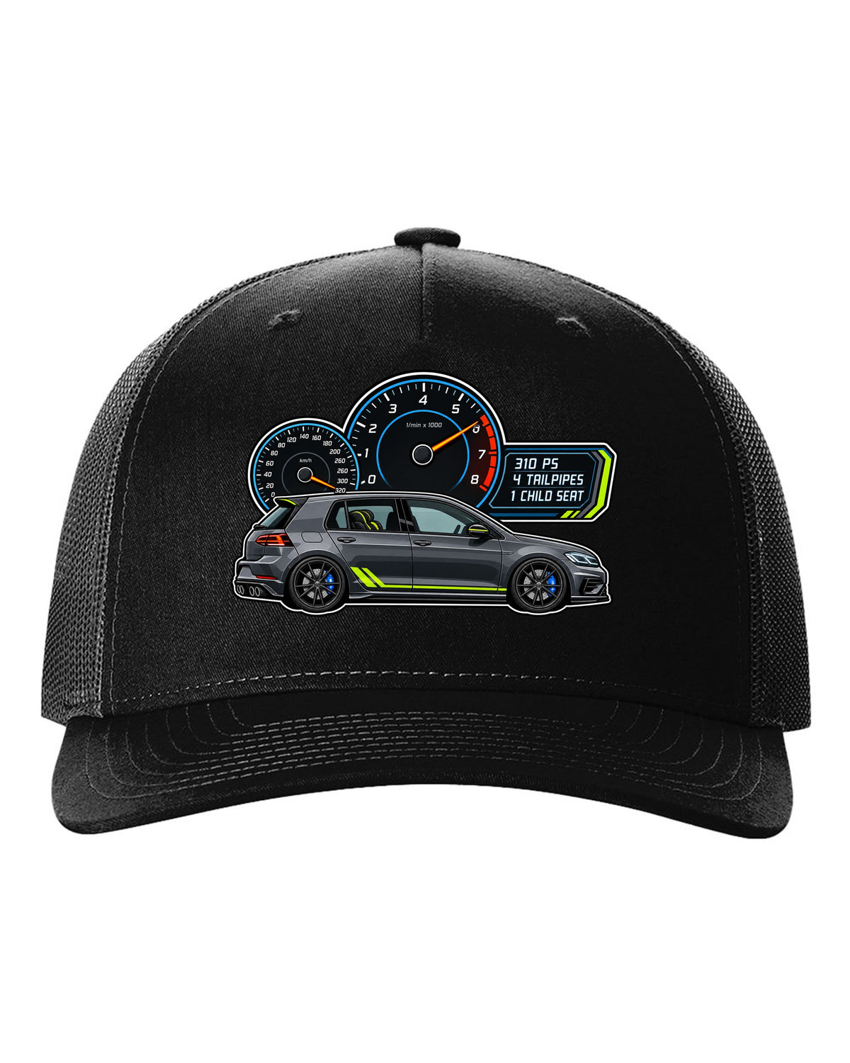 Gauge cluster style print for a VW Golf R Mk7.5 showing 310 PS 4 tailpipes 1 child seat black hat front view with the design