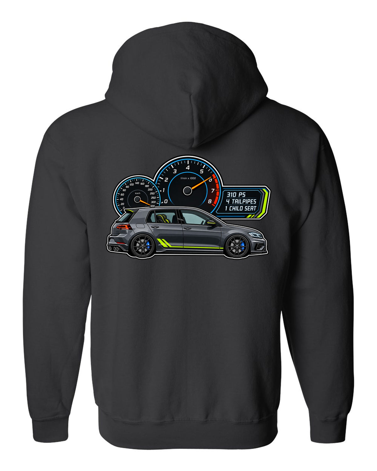 Gauge cluster style print for a VW Golf R Mk7.5 showing 310 PS 4 tailpipes 1 child seat black zip hoodie back view with the design